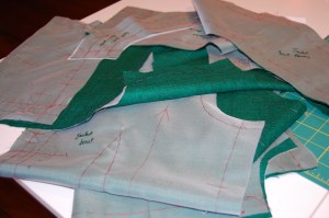 The silk organza underlining is all basted, interfacings cut, ready to go!