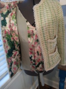 With a few scraps left over from her lining, Holly made a color-blocked shell to wear with her jacket!