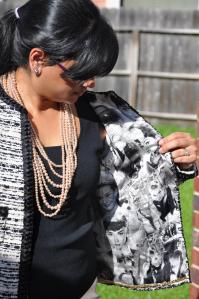 Myra's whimsical lining fabric features images of Audrey Hepburn.  She brought this fabric with her to Baltimore and chose her boucle accordingly.  