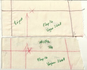These muslin patterns are folded in half to show the depth of the original flap and the depth of the altered one below.
