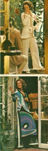 The caption in this June/July 1972 article says: "Emilio Pucci adds glamour to your life with an off-white silk crepe pantsuit..." while the lower picture shows his "signature colors on a silk jersey lounge gown."