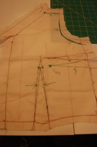 Here is one side of the front from my first muslin. I still had to make changes on the second muslin, but better on muslin than on the fashion fabric!