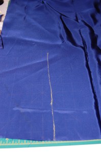 First I marked where I wanted the pleat in the lining to be. By the way, the lining is Bemberg rayon. I usually like to use crepe de cine for my linings, but I had this Bemberg in the right color, so I decided to use it.
