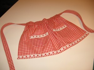 I found the red gingham in one of my fabric drawers, and I purchased yards and yards of the heart lace when Waechter's (sadly) went out of business.