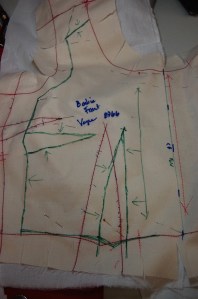 The pattern for the over bodice needed major adjustments. Here is the front . . .