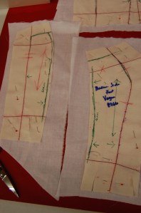 The pattern for the strapless under bodice consisted of a front panel, two side princess panels, and two back panels. However, Susan divided the side princess panels into two, giving me 7 bodice pieces rather than 5.