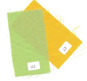 The green is a lightweight silk/cotton blend. The goldenrod yellow is silk taffeta from Italy, without the stiffness that taffeta so often has.
