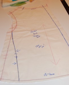 The dark blue line on the left is my re-drawn seam line. the original seam line is marked in red.
