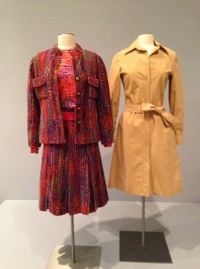 The Chanel suit on the left is shown with an ultra-suede shirtdress by Halston, on the right.