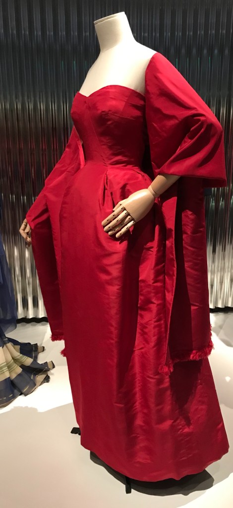 Taffeta evening dress, 1952. Dior was known for punctuating his shows with a vibrant red dress shown about half-way through. | fiftydresses Taffeta evening dress, 1952. Dior was known for punctuating his shows with a vibrant red dress shown about half-way through. | fiftydresses